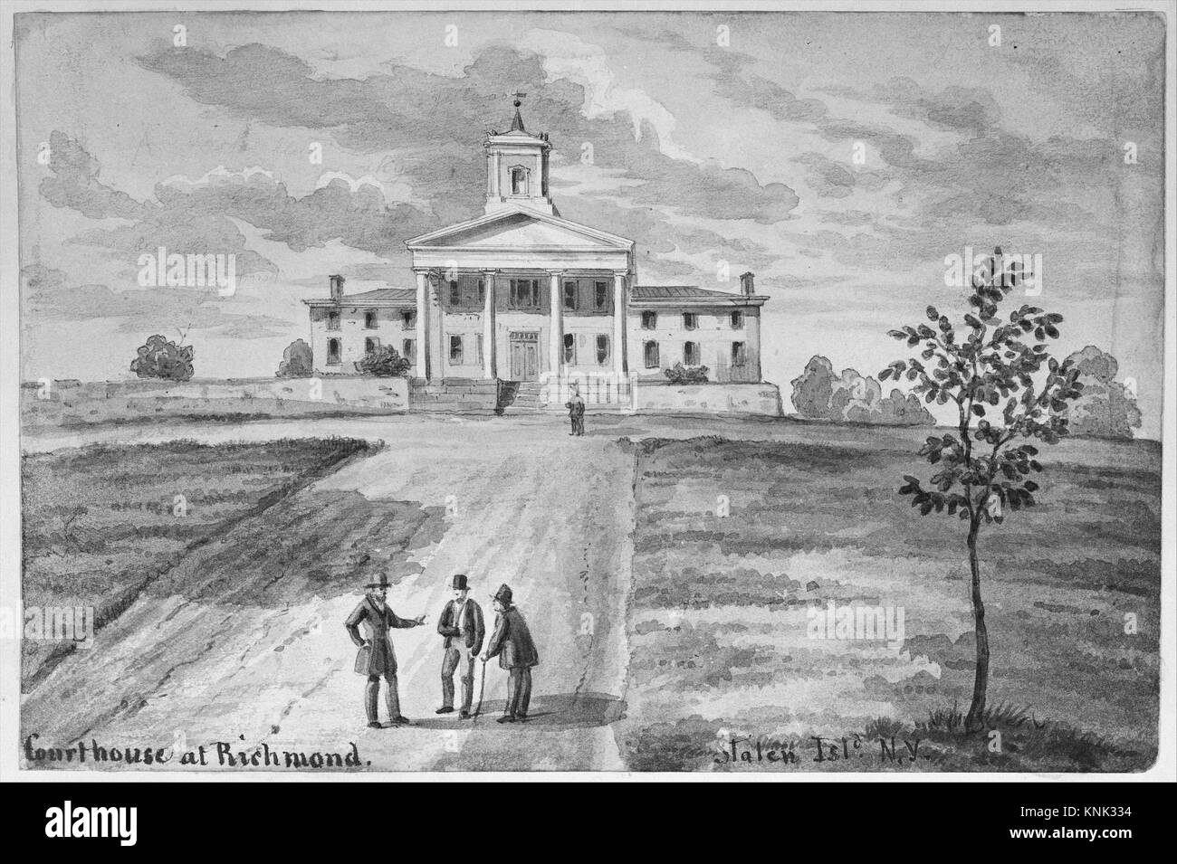 Gericht in Richmond, Staten Island, New York MET MM 72489 383420 Künstler: August K?-Zacke, Amerikanische, aktive 1838? 72, Courthouse in Richmond, Staten Island, New York, Ca. 1872, Aquarell, Bild: 4 13/16 x 7 3/16 in. (12,2 x 18,3 cm) Blatt: 6 1/4 x 8 9/16 in. (15,9 x 21,7 cm). Das Metropolitan Museum of Art, New York. Die Edward W. C. Arnold Sammlung von New York Drucken, Karten und Bilder, Vermächtnis von Edward W. C. Arnold, 1954 (54.90.76) Stockfoto