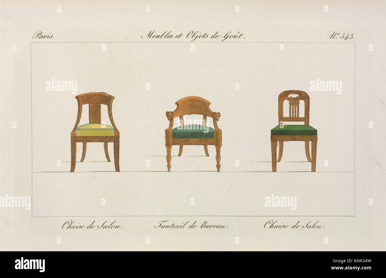 Diese Illustration zeigt Möbel und geschmackvolle Gegenstände von Pierre Antoine Leboux de La Mésangère, die Design, dekorative Elemente und Stil der Epoche hervorheben. Stockfoto
