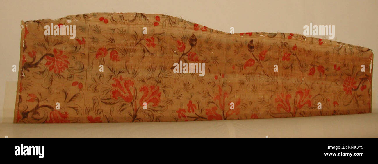 Islamische Palamportextilien aus dem frühen 18. Jahrhundert, die als Hänge- oder Bettbezug verwendet wurden, mit bemalten floralen und dekorativen Motiven. Stockfoto