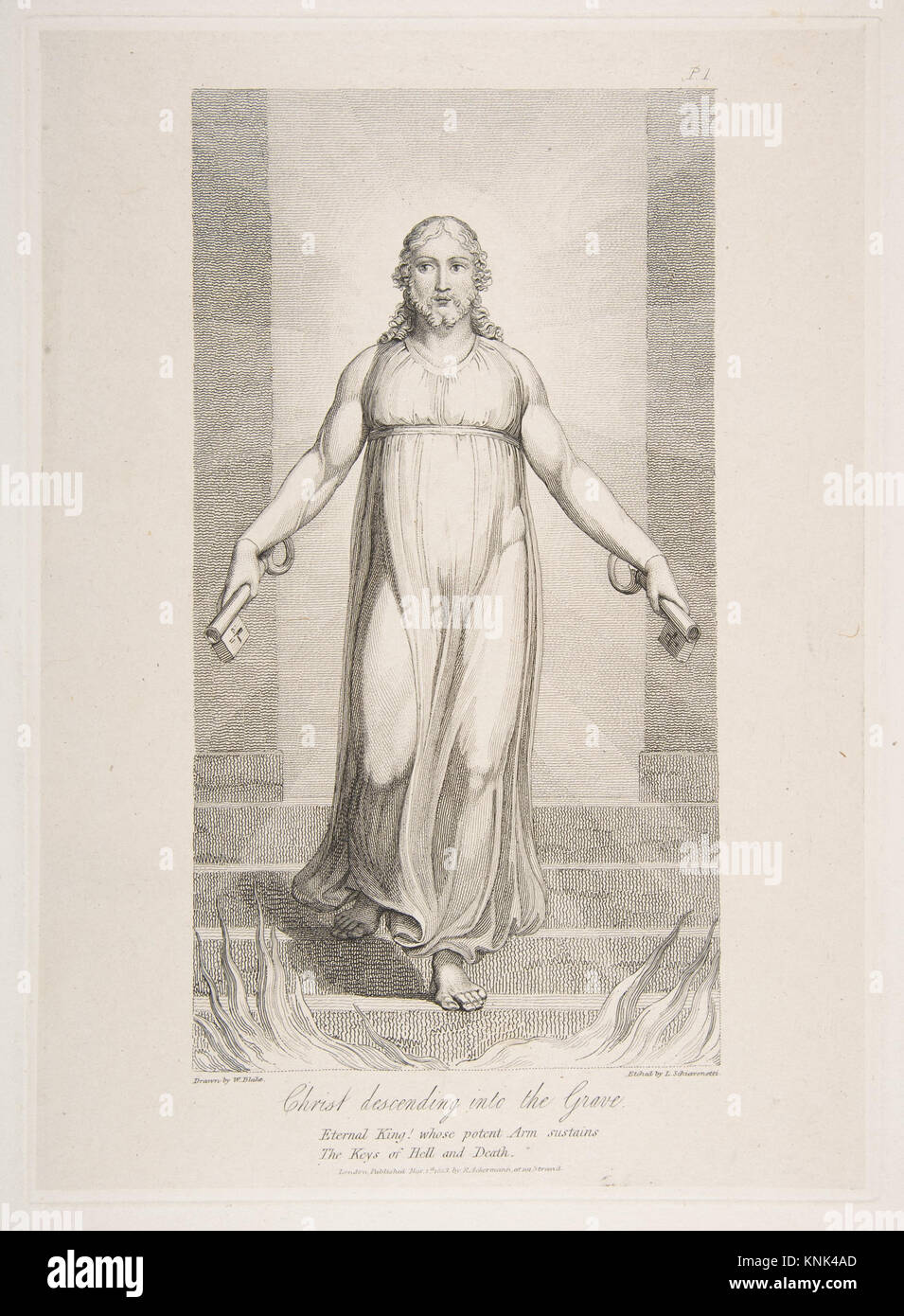 Christus sinkt ins Grab, vom Grab aus ein Gedicht von Robert Blair Künstler: Luigi Schiavonetti, Italienisch, Bassano del Grappa 1765-1810 London, Künstler: Nach William Blake, Brite, London 1757-1827 London, Herausgeber: Rudolph Ackermann, London, 1. März 1813, Gravur Stockfoto