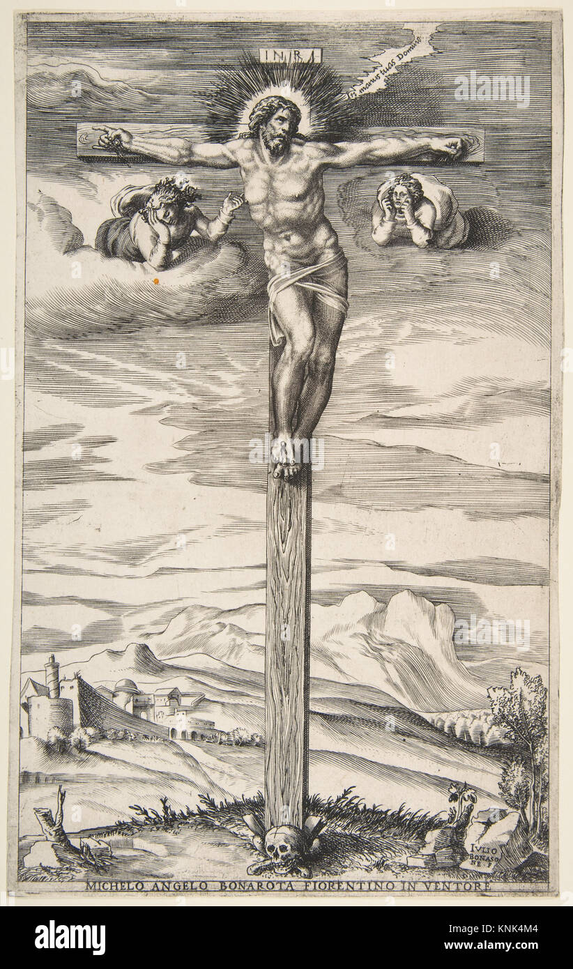 Kreuzigung mit zwei Engeln; Künstler: Giulio Bonasone (Italienisch, aktives Rom und Bologna, 1531–nach 1576), nach Michelangelo Buonarroti (Italienisch, Caprese 1475–1564 Rom), Ca. 1540 Stockfoto