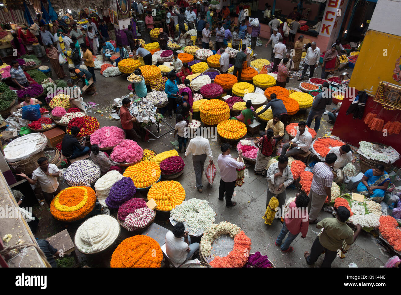 Blumen Vertrieb in Bangalore City Market Stockfoto