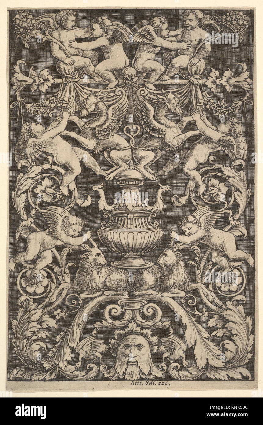 Eine Reihe von Ornamnet mit Putti, Ziege und anderen Figuren, Meister der die (Italienisch, aktives Rom, ca. 1530-60) Stockfoto