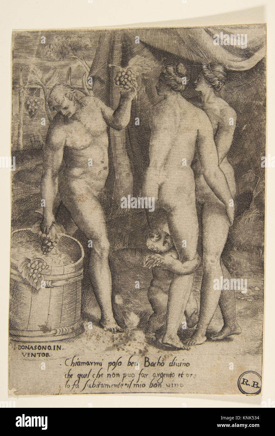 Bacchus auf der linken Seite gibt den Frauen Trauben aus „die Liebe der Götter“ (Amorosi diletti degli dei), von Giulio Bonasone (Italienisch, aktives Rom und Bologna, 1531–nach 1576) 1531-60 Stockfoto