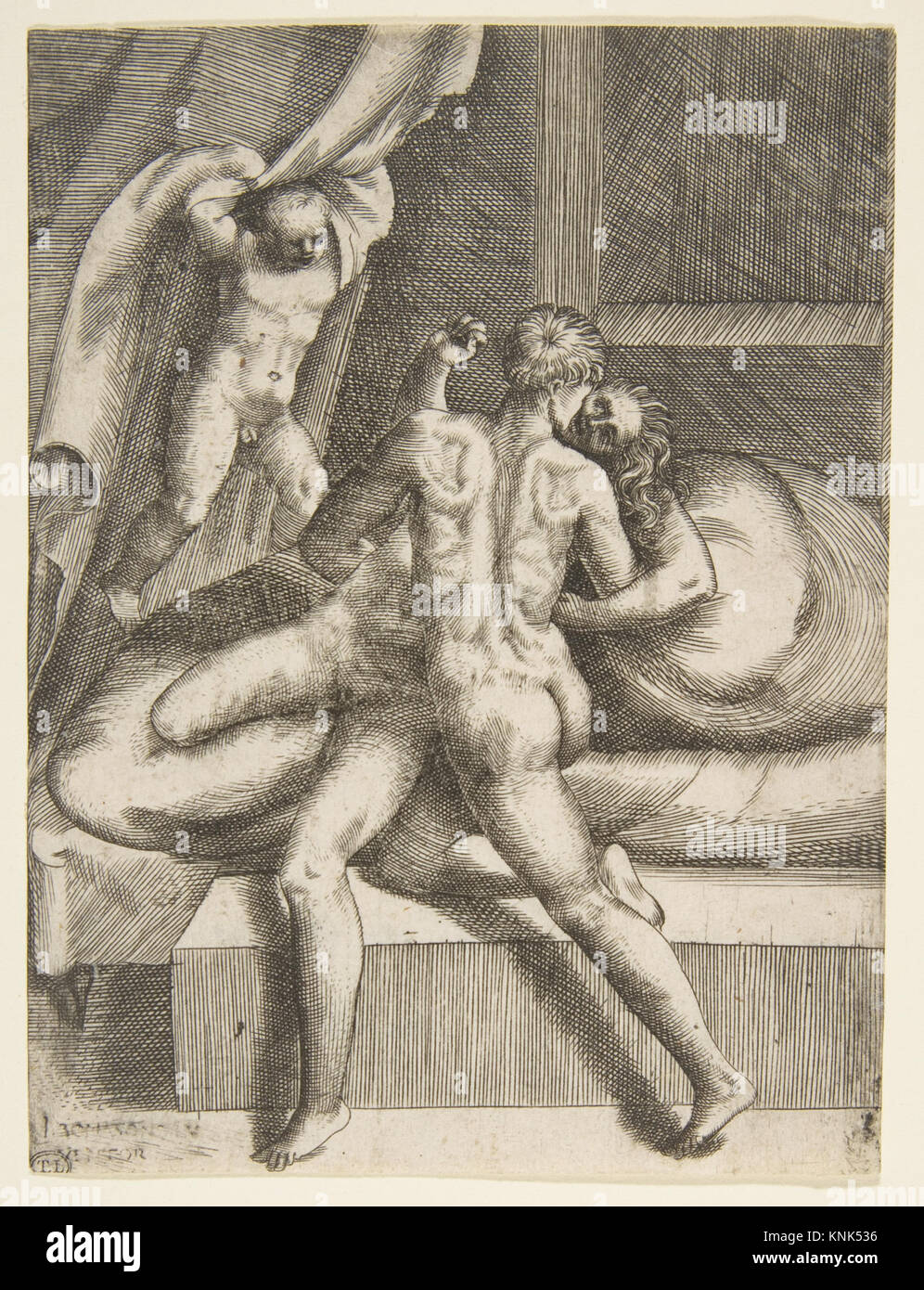 Apollo und Leucothea, aus „die Liebe der Götter“ (Amorosi diletti degli dei), von Giulio Bonasone (Italienisch, aktives Rom und Bologna, 1531–nach 1576) 1531-76 Stockfoto