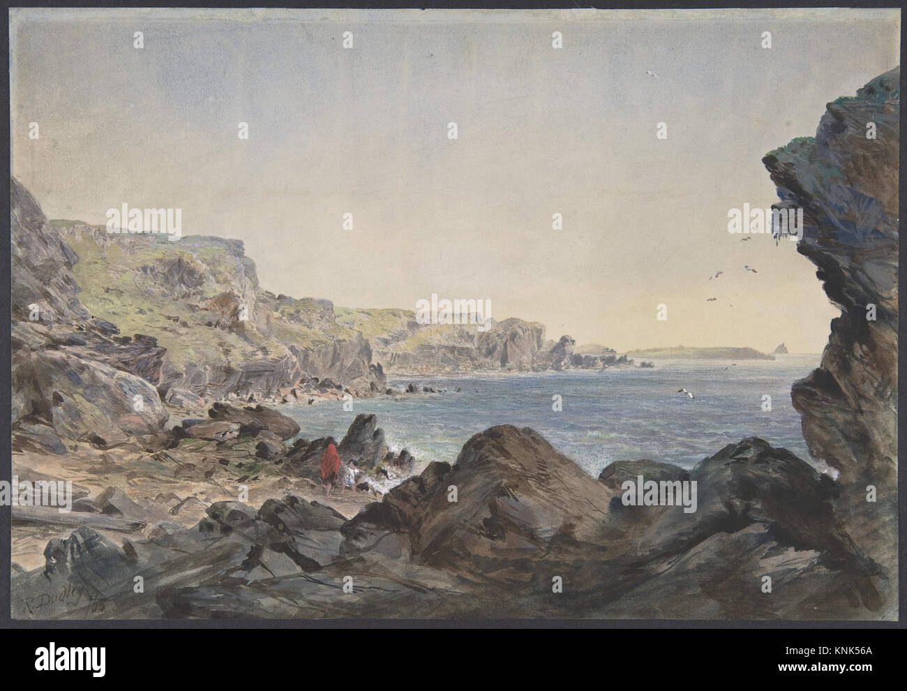 Foilhummerum Bay, Valentia, Suche seewärts von der Stelle, an der das Kabel an der Küste von Irland MET DP 801248 383817 Künstler: Robert Charles Dudley, Großbritannien, 1826?1909 Foilhummerum Bay, Valentia, Suche seewärts von der Stelle, an der das Kabel an der Küste von Irland, 1865?66, Aquarell über Graphit mit einem Hauch von Gouache, Blatt: 6 5/16? 9 1/4 in. (16? 23,5 cm). Das Metropolitan Museum of Art, New York. Geschenk des Cyrus W. Feld, 1892 (92.10.58) Stockfoto