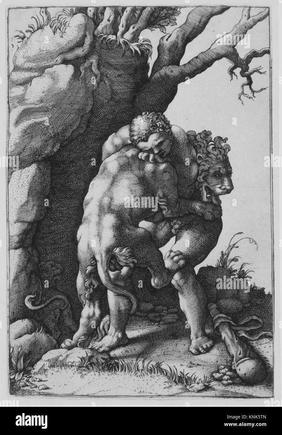 Herkules und der nemeanische Löwe, Print, Adamo (Ghisi) Scultori (1530-1585), nach Giulio Romano (1499-1546) Stockfoto