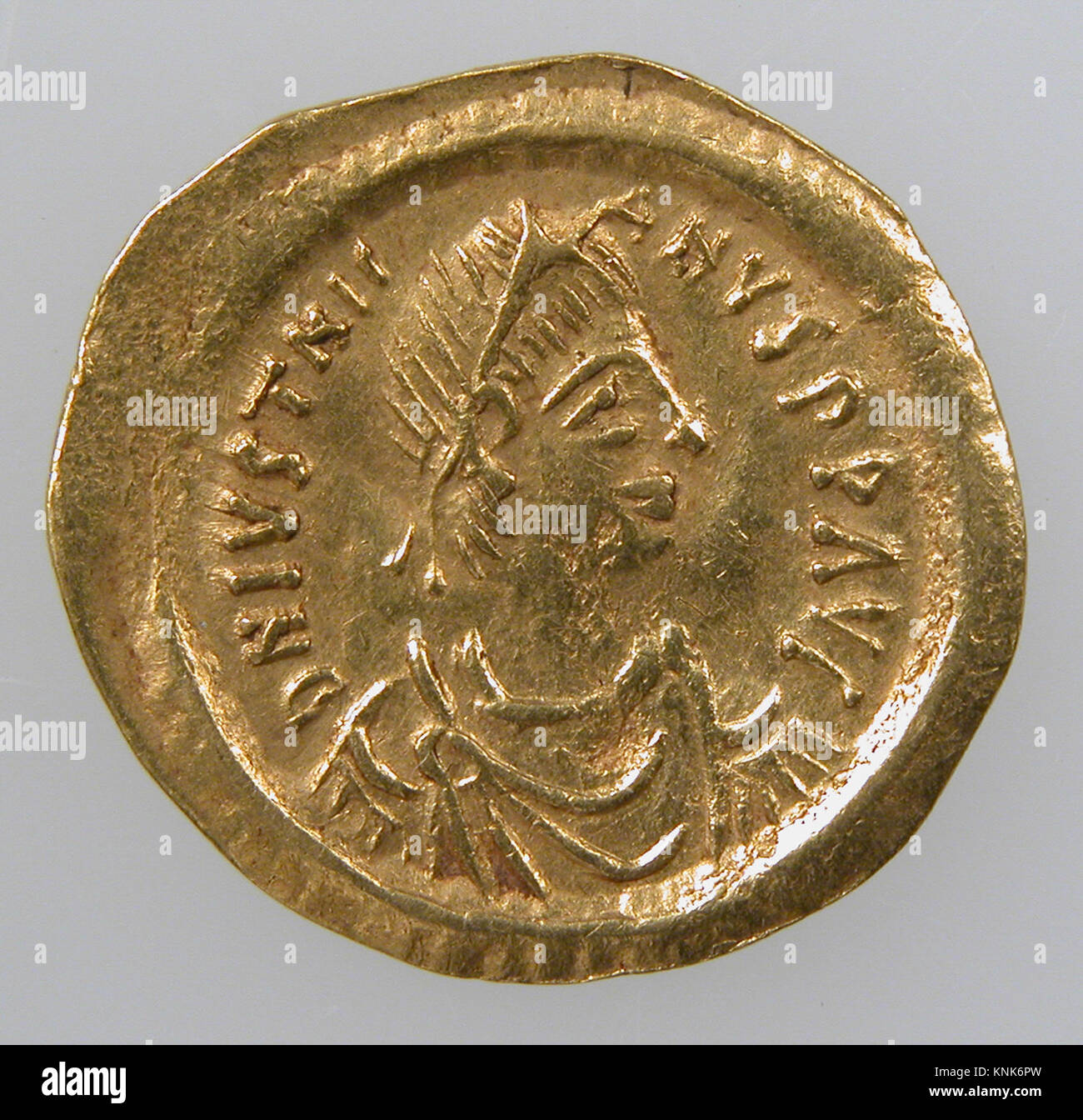 Gold Tremissis von Kaiser Justinian I., 527-602, byzantinische Kultur, Goldmünze Stockfoto