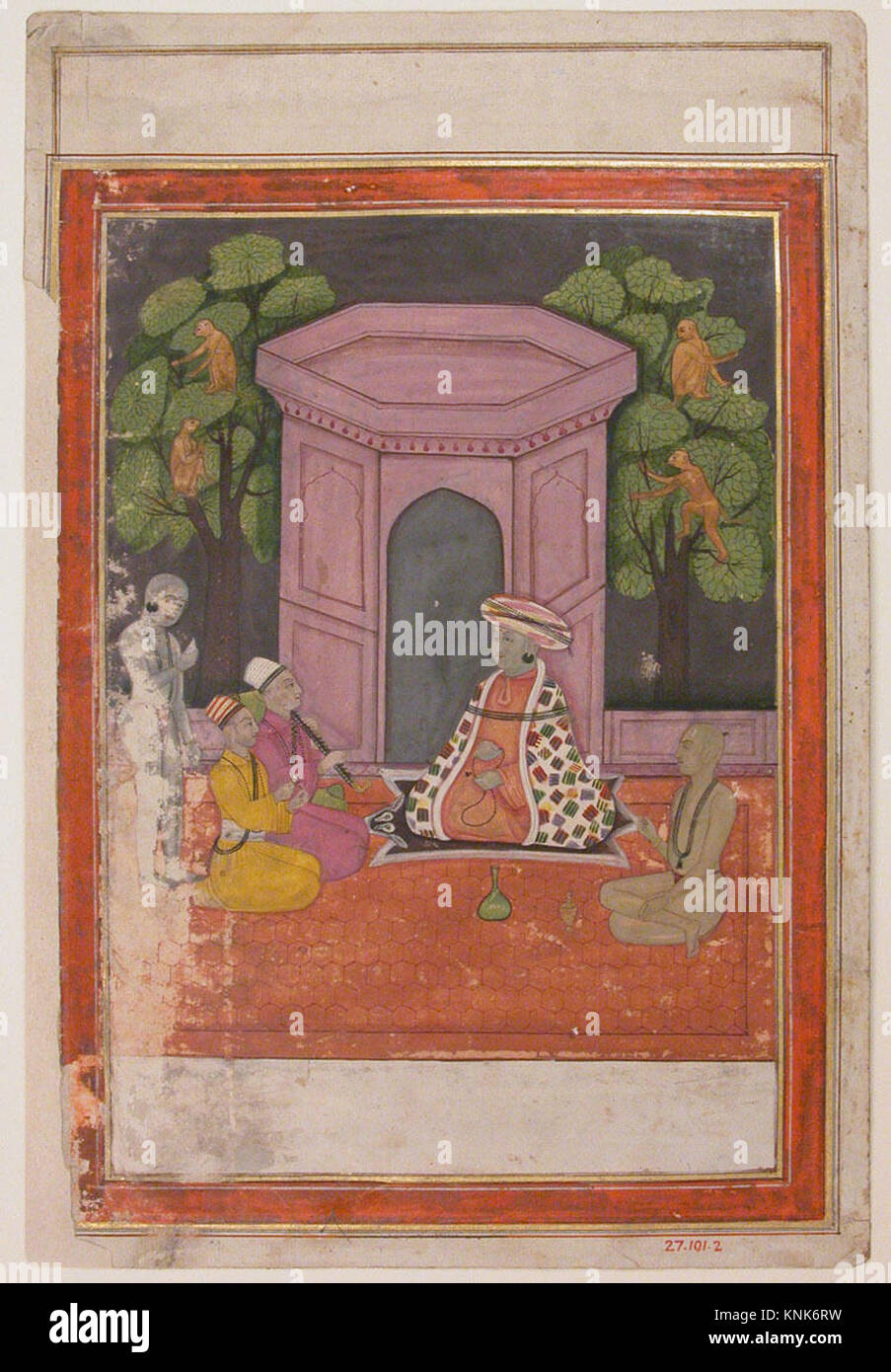 Hindu-Heiliger mit zwei Jüngern und zwei Musikern auf einem Dach am Abend des 18. Jahrhunderts, die Indien zugeschrieben wurden, Deckan, undurchsichtige Aquarelle auf Papier Stockfoto
