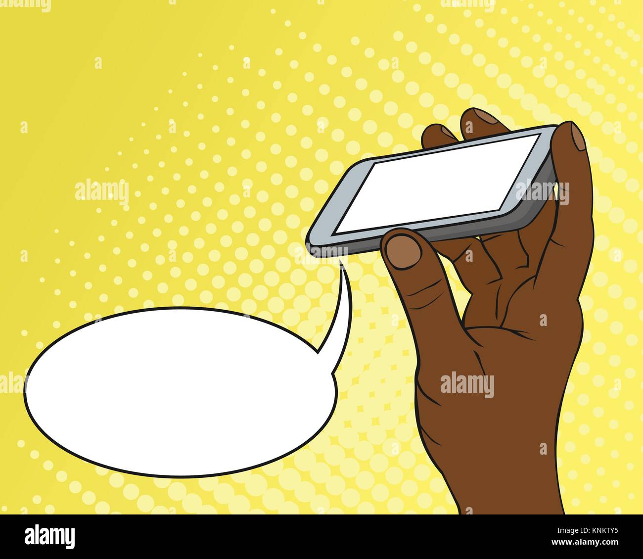 Pop Art copyspace Hintergrund mit afrikanischen amerikanischen männlichen Hand mit einem smart phone mit leerem Bildschirm Stock Vektor