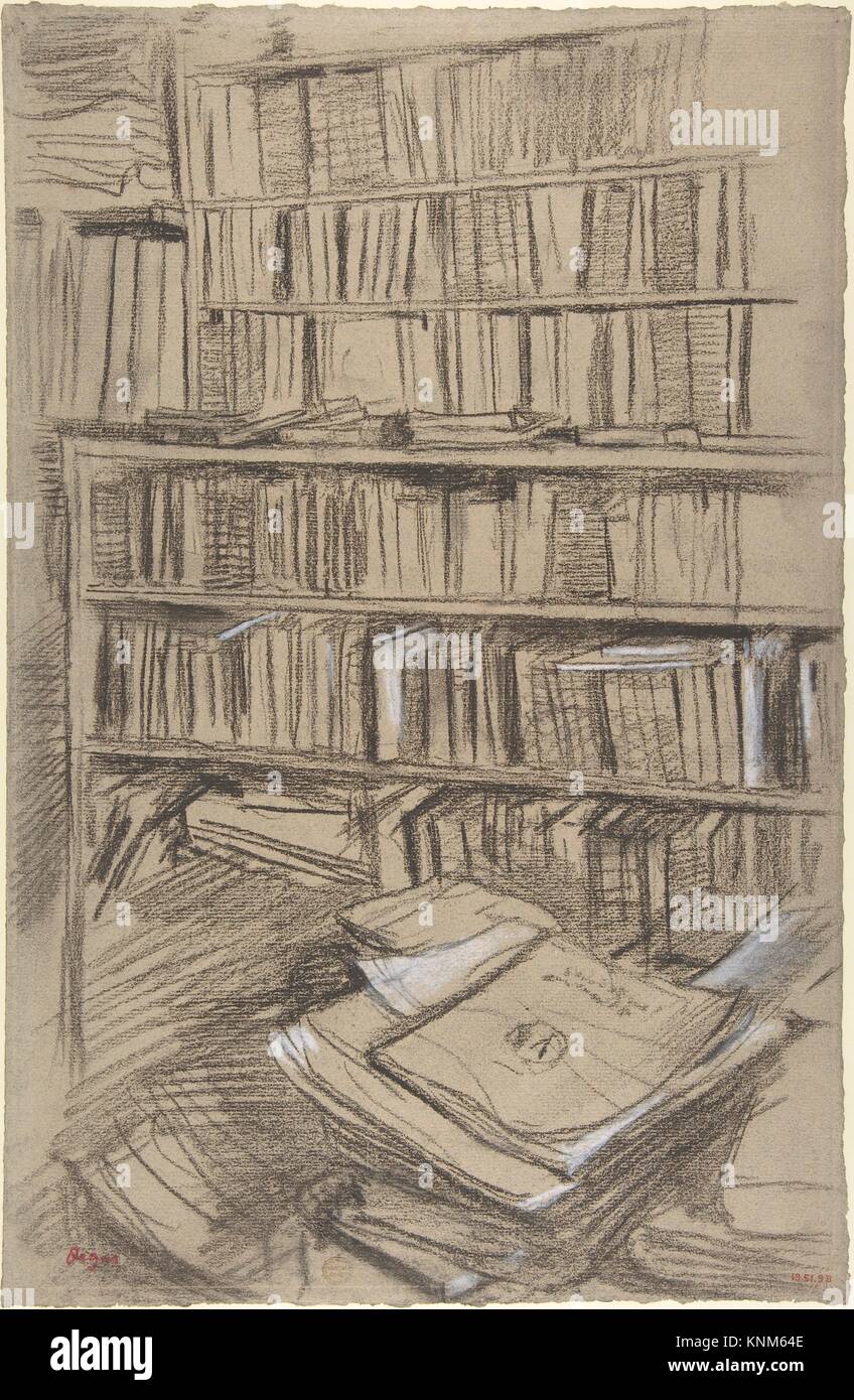Bücherregale, Studie für Edmond Duranty. Künstler: Edgar Degas (Französisch, Paris 1834-1917 Paris); Datum: 1879; Medium: Dunkelbraun Kreide, mit erhöhter Stockfoto