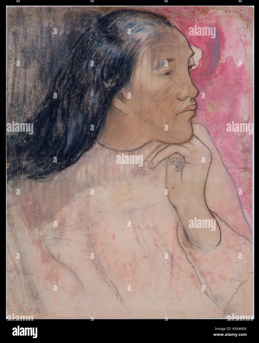 Tahitianischen Frau mit einer Blume im Haar. Artist: Paul Gauguin (Französisch, Paris 1848-1903 Atuona, Hiva Oa, Marquesas Inseln); Datum: 1891-92; Medium: Stockfoto