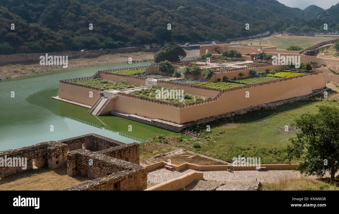 Amber Fort Gärten am See Maota, Amer, Jaipur, Rajasthan, Indien Stockfoto