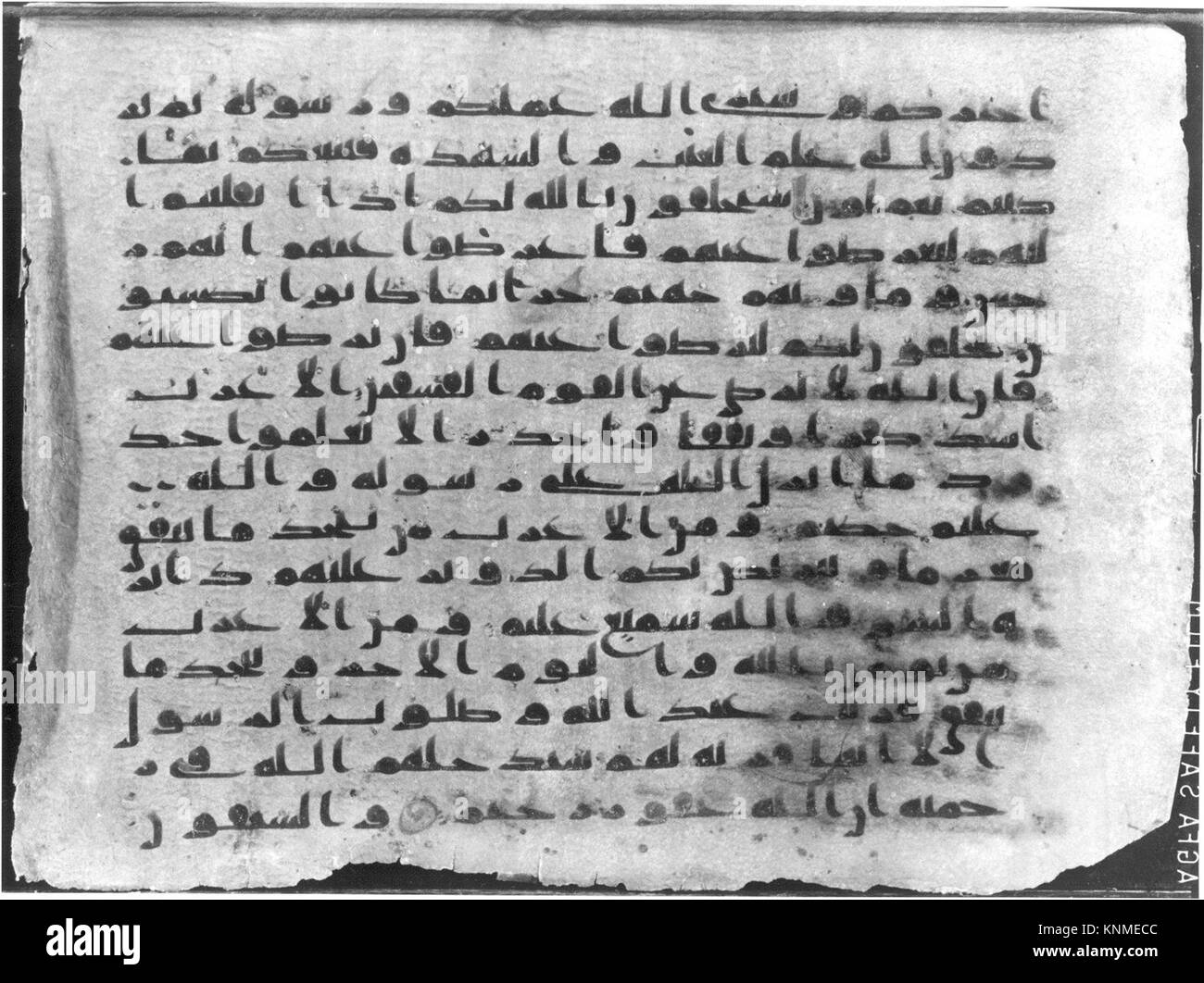 Ein Koran-Manuskriptfolio aus zentralislamischen Ländern aus dem 9. Jahrhundert, in Tusche auf Pergament geschrieben, das frühe islamische Kalligraphie- und Manuskripttraditionen zeigt. Stockfoto