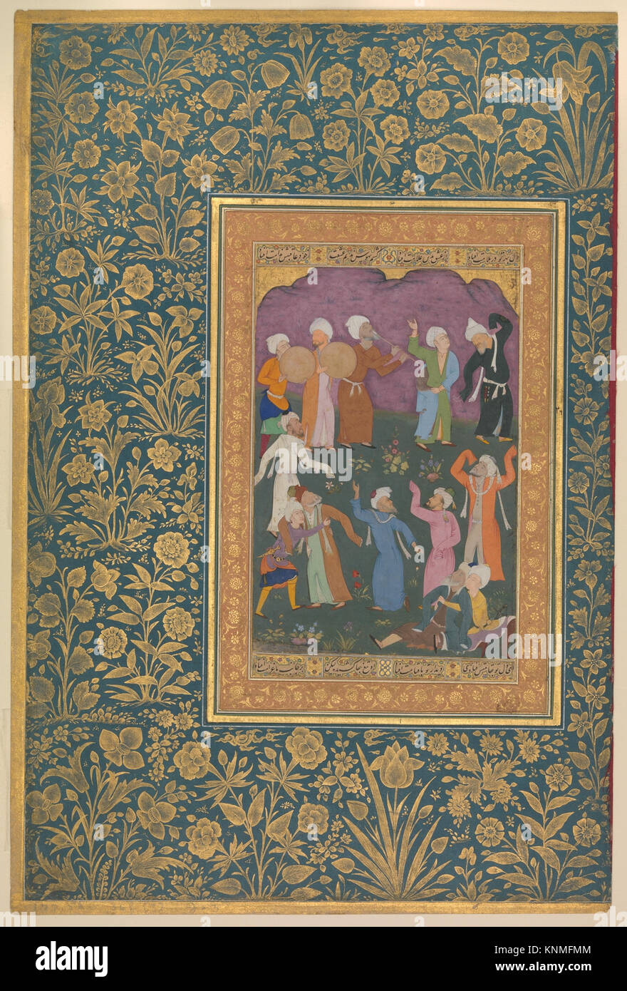 Titel: 'Dancing Dervishes', Folio aus dem Album Shah Jahan, Kalligraf: Mir 'Ali Haravi (gestorben ca. 1550), Rekto: Ca. 1610; verso: Ca. 1530–50, Indien zugeschrieben, Medium: Tinte, undurchsichtiges Aquarell und Gold auf Papier Stockfoto