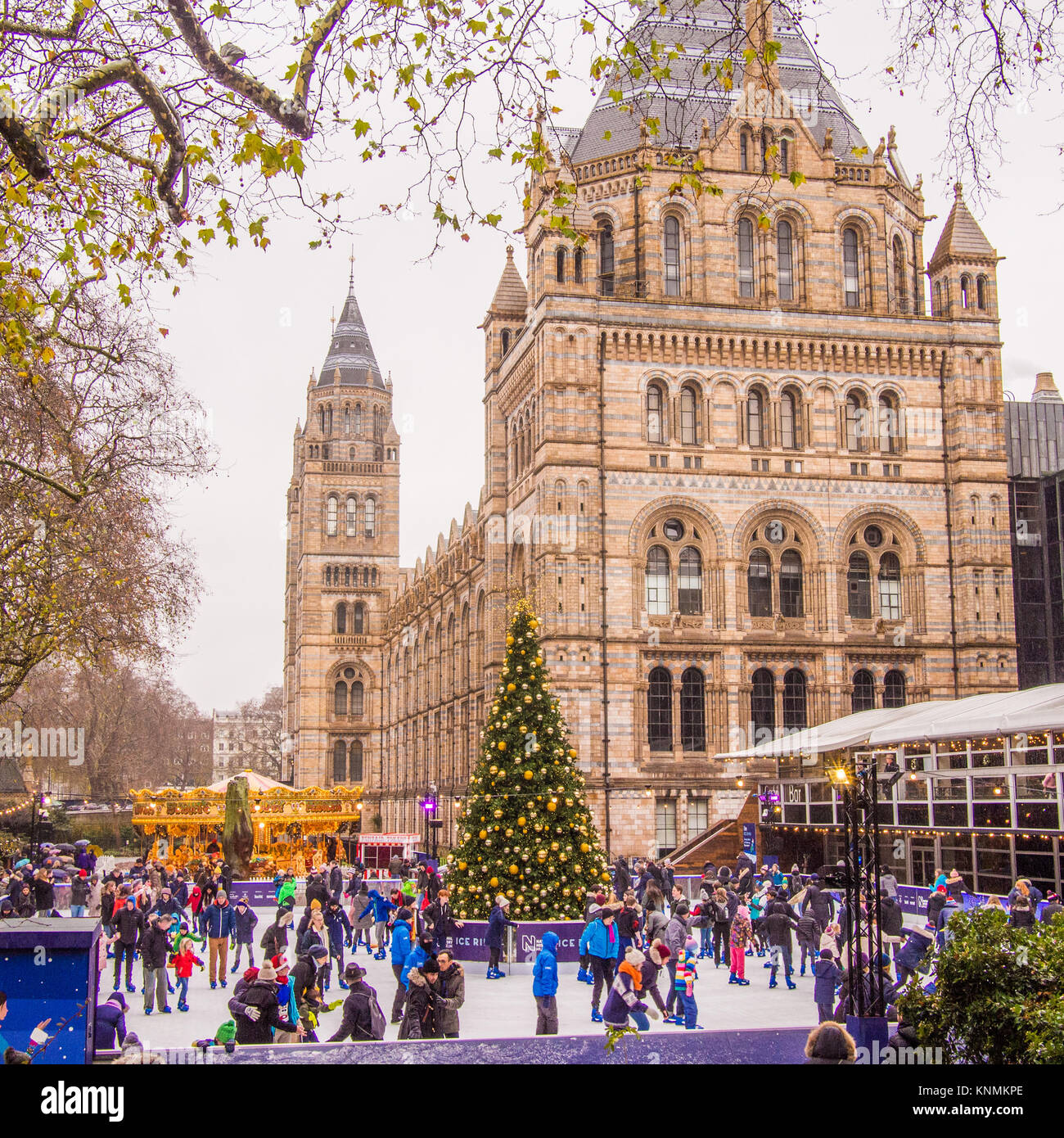 Festlicher Spaß im National History Museum Ice Rink, London. Stockfoto