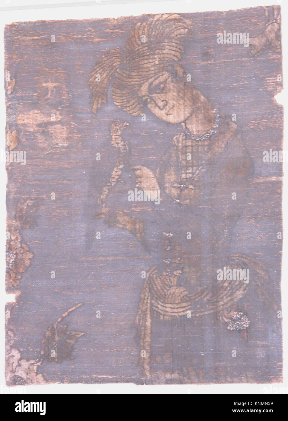 Ein Kunstwerk, das einen jungen Mann zeigt, der sich um einen Falken kümmert und die Falknerei als historische Praxis veranschaulicht, aufbewahrt im Metropolitan Museum of Art. Stockfoto