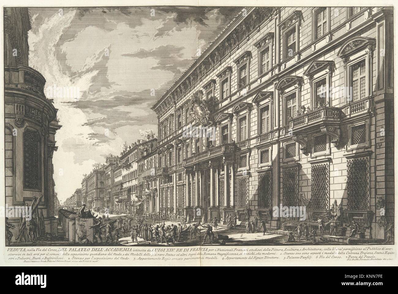 Blick entlang der Via del Corso der Palazzo dell'Accademia, die von Ludwig XIV., König von Frankreich für französische Studenten der Malerei, Skulptur und Stockfoto