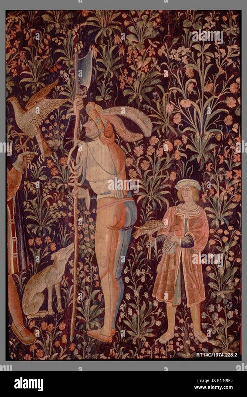 Wandteppich mit einem Falkner mit zwei Damen, einer Seite und einem Fußsoldaten, südholländisch, hergestellt um 1500–1530 aus Wolle und Seidenfäden, in der MET-Kollektion. Stockfoto