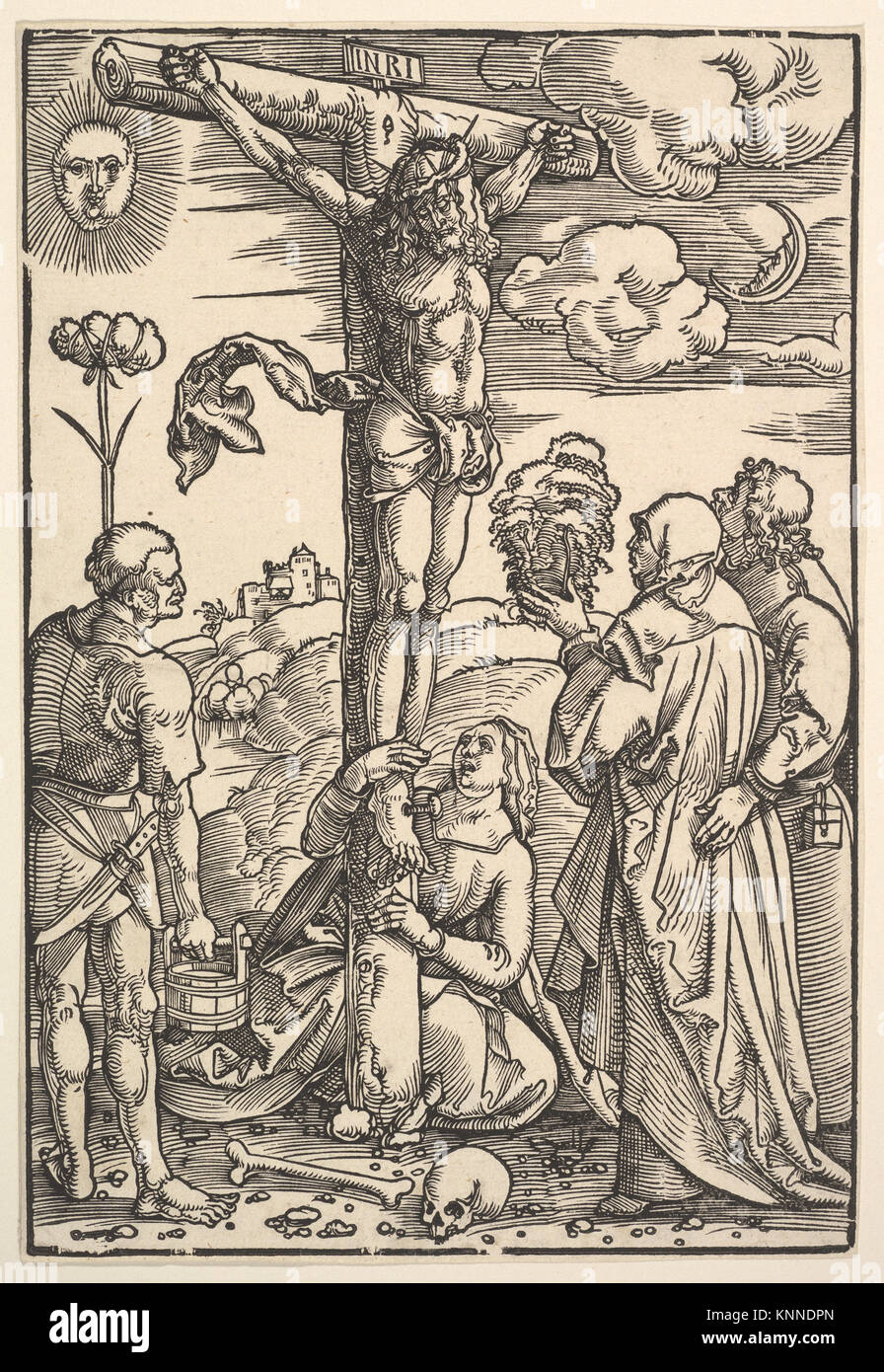 Dieses Gemälde zeigt Christus am Kreuz mit der Jungfrau Maria, den Heiligen Longinus, Maria Magdalen und Johannes und illustriert religiöse Ikonographie. erzählerische Komposition und hingebungsvolle Kunsttraditionen. Stockfoto