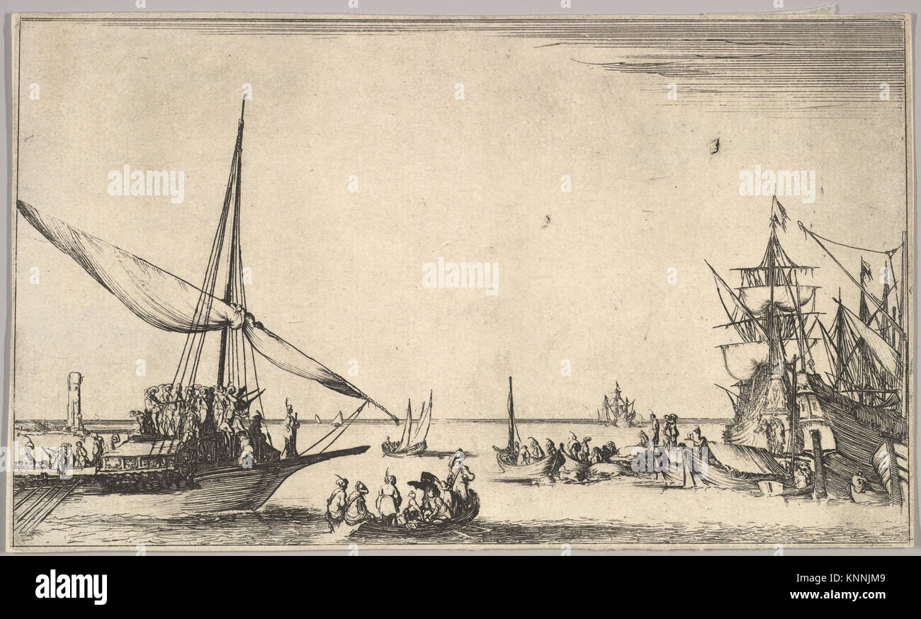 Eine Bordküche, das den Anschluss erreicht, mehrere Ruderboote in Zentrum, Schiffe im Hafen nach rechts von der et der 8-Seemeilen-Zone, Landschaften' (Suite de huit Marines) MET DP 829693 412396 Stockfoto