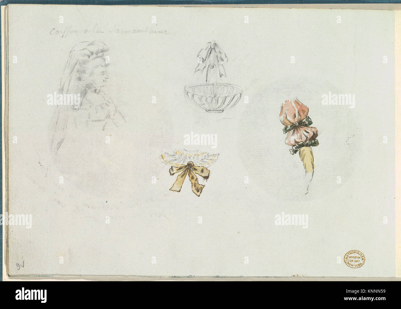 Diese französische Designskizze aus dem 18. Jahrhundert enthält vier Elemente: Eine brustlange Frau in einem Mieder mit Mütze und Schleier, einen Korb mit Schleife, einen Rüschenkragen und einen rosa Ärmel mit grünen Bändern. Die Skizze wird Antoine Caire-Morand zugeschrieben. Stockfoto