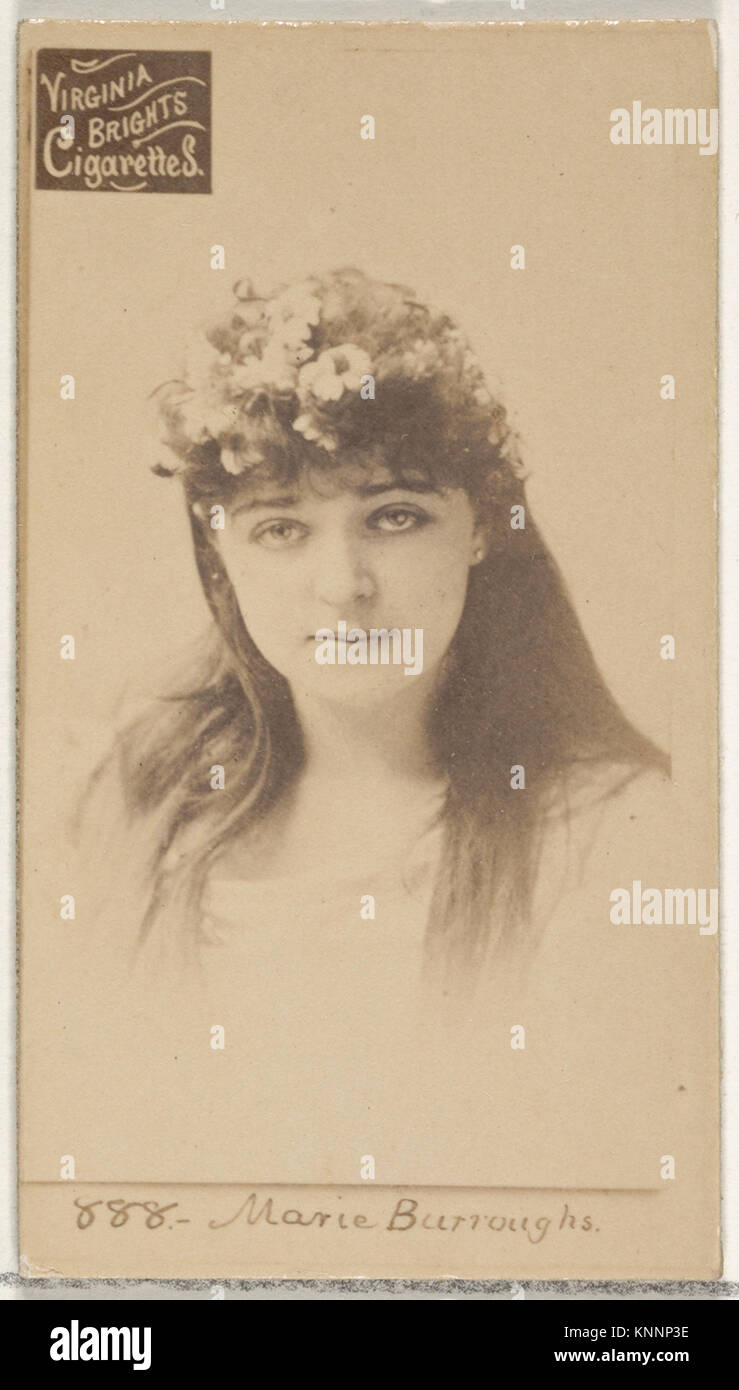 Eine Zigarettenkarte mit der Schauspielerin Marie Burroughs, nummeriert 888, aus der Schauspielerserie (N45, Typ 2) für Virginia Brights, auf der ihr Porträt und die Details der gedruckten Serie gezeigt werden. Stockfoto