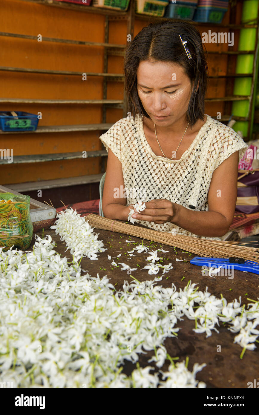 Blume Verkäufer bei Pyi Daw Aye Tempel in Kawthaung, Mergui Archipel, Myanmar Stockfoto