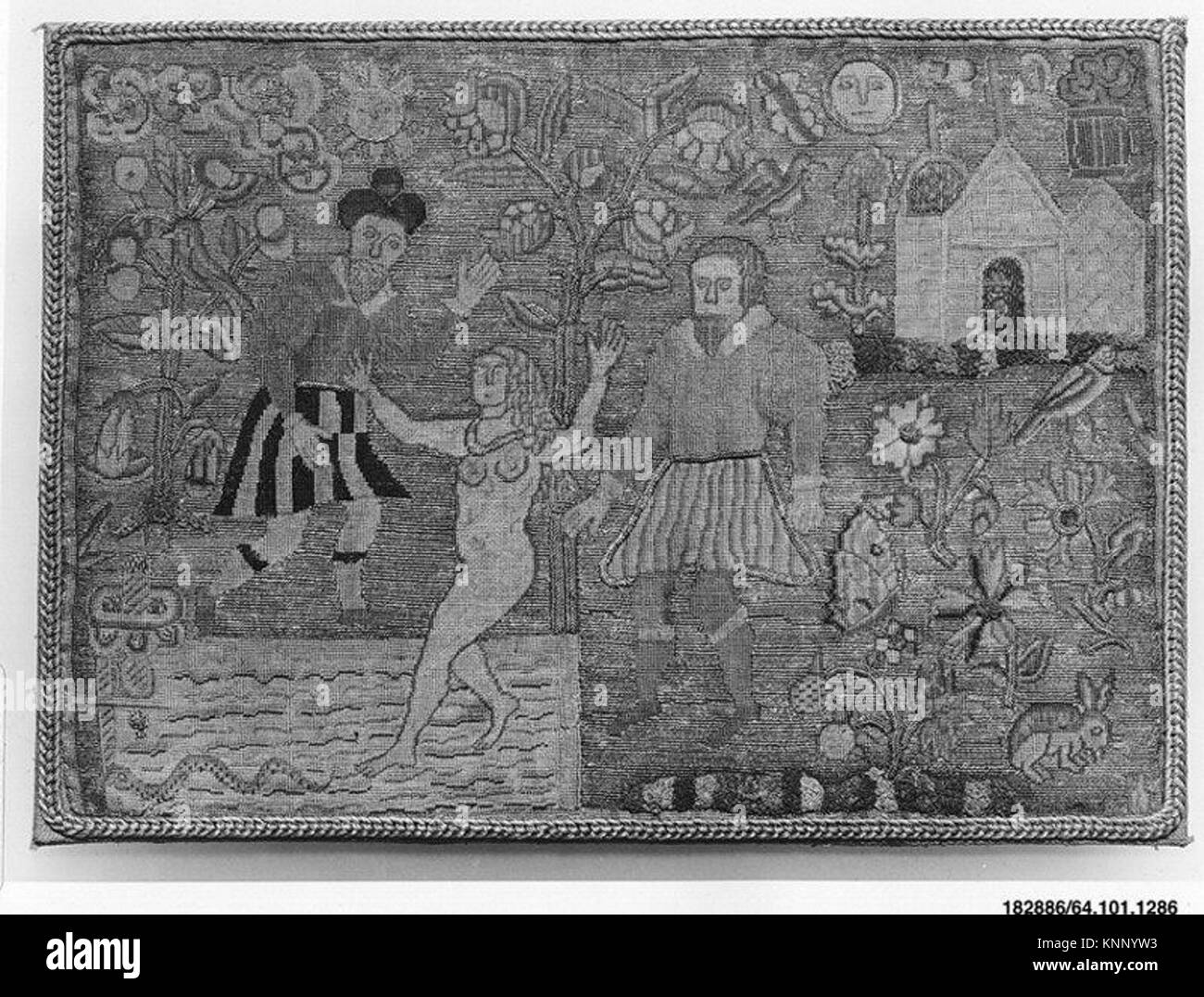 Dieses Kissen, MET 182886a, zeigt eine Darstellung von Susanna und den Ältesten, dargestellt in einem historischen Illustrationsstil. Stockfoto