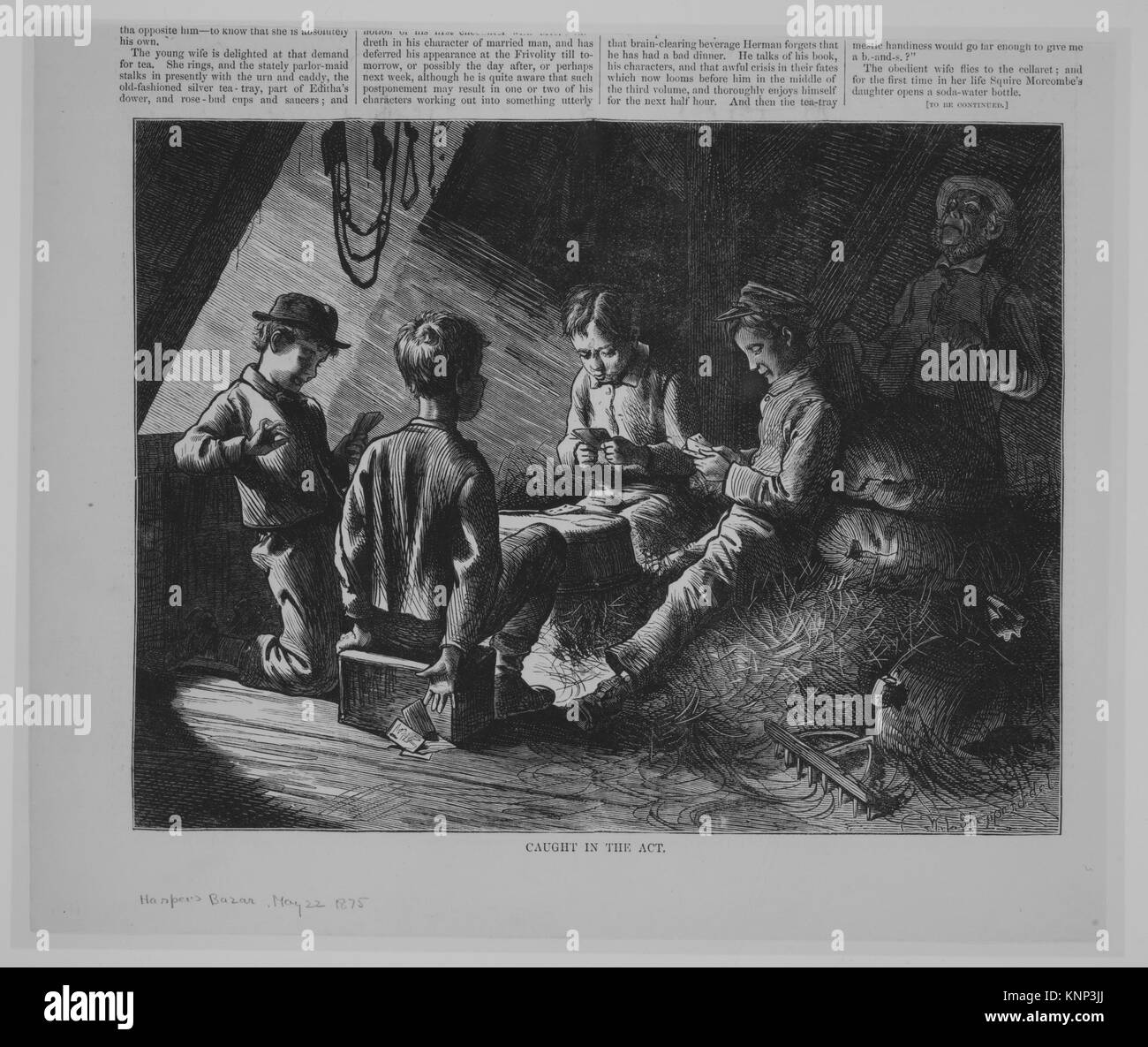 Diese Illustration aus Harper's Bazar, Vol. VIII zeigt eine Szene mit dem Titel „gefangen in der Tat“, die die Mode und den Illustrationsstil der Zeitschriften widerspiegelt. Stockfoto