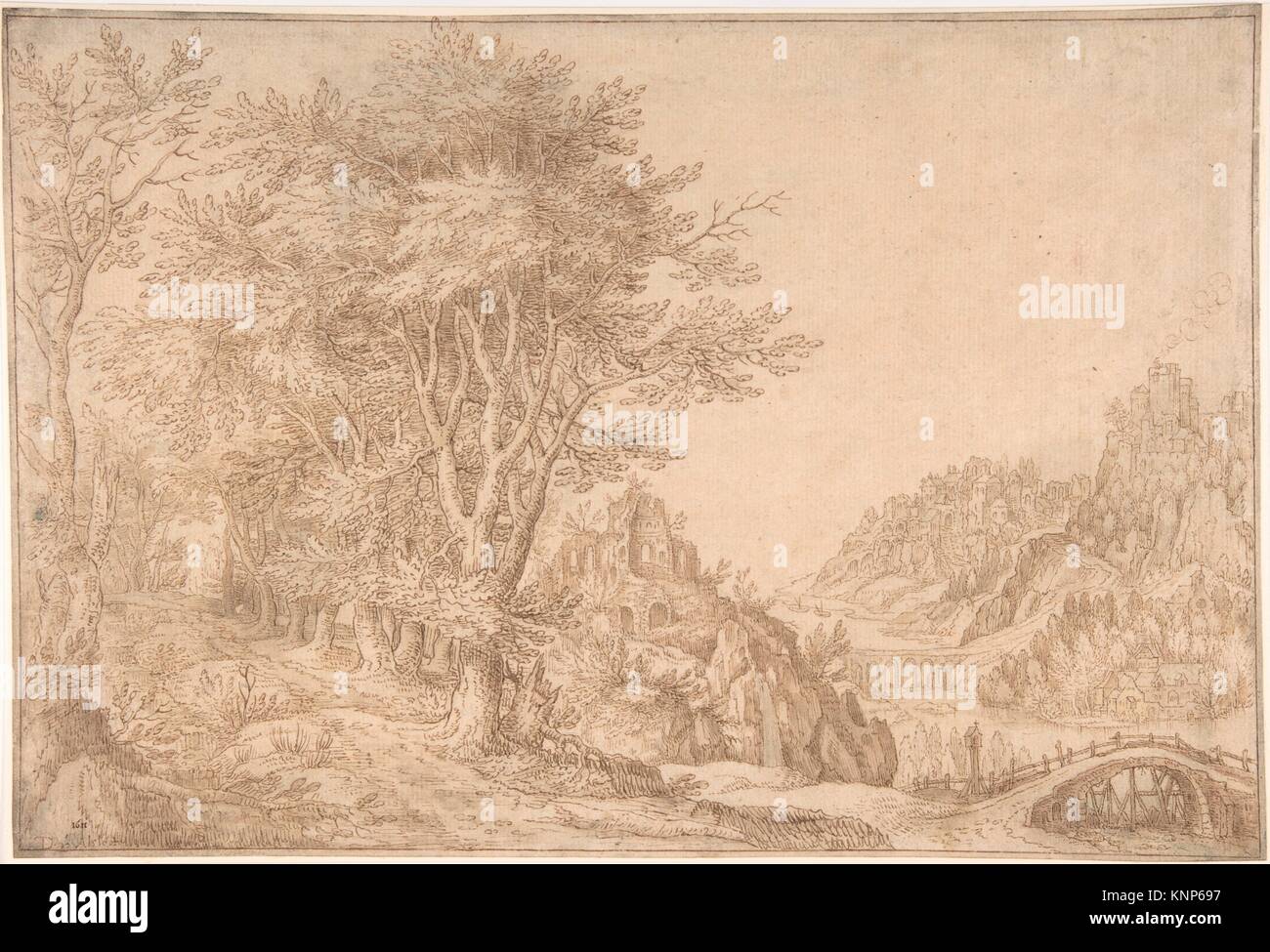 Bewaldete Landschaft mit Fluss, Schloss, Stadt und darüber hinaus. Artist: Denis van Alsloot (Brüssel, bevor 1573-1625/26 Brüssel); Datum: 1611 (?); Medium: Stockfoto