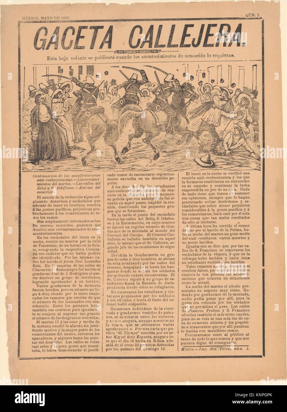 Seite aus dem 'Sortendirektorat Callejera', der die Fortsetzung des Anti-wiederwahl Ausschreitungen. Artist: José Guadalupe Posada (Mexikanisch, 1851-1913); Datum: Stockfoto