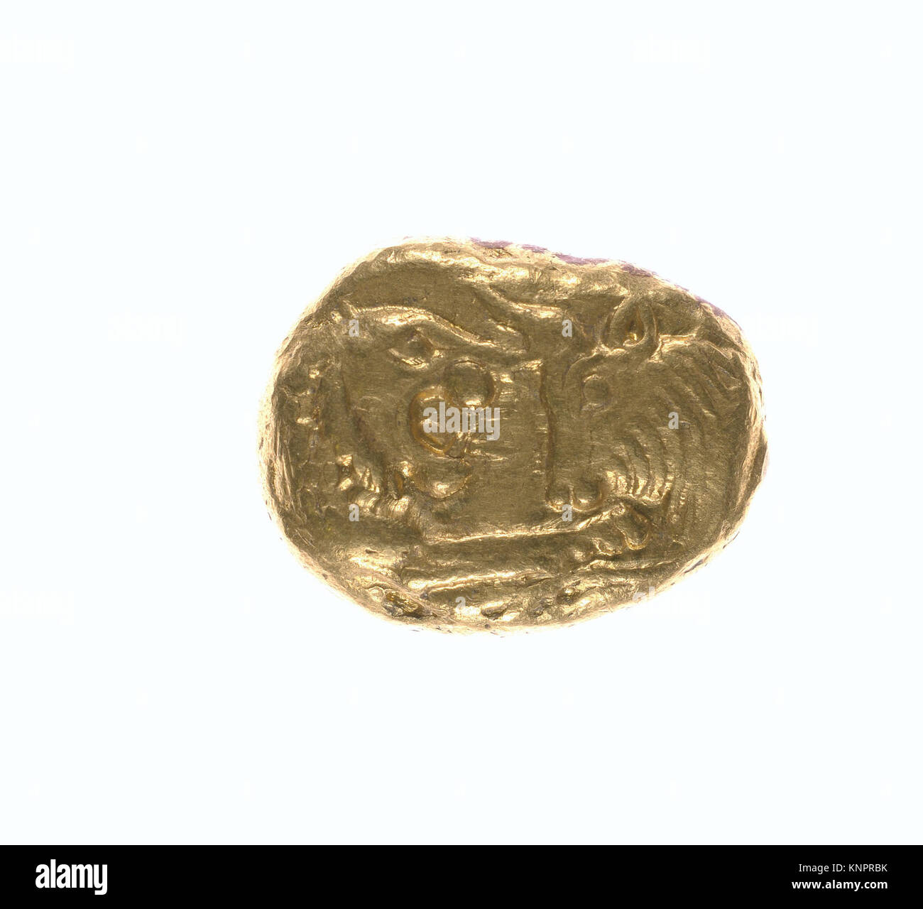 Gold stater MET DP 23090 26.59.4 252456 Lydischen, Gold Stater, Ca. 560?546 v. Chr., Gold, Gesamt: 9/16 x 1/2 in. (1,5 x 1,2 cm). Das Metropolitan Museum of Art, New York. Geschenk der Amerikanischen Gesellschaft für die Ausgrabung von Sardes, 1926 (26.59.4). Stockfoto