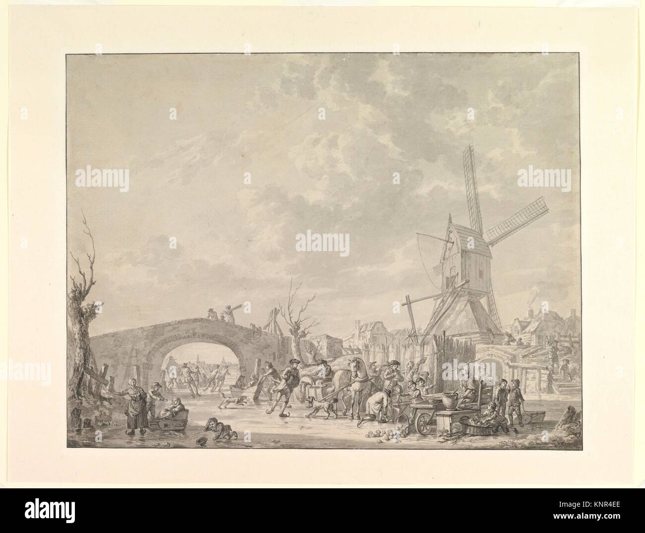 Winterlandschaft mit Skatern und Schlitten auf dem Eis, eine Brücke und eine Mühle hinter sich. Artist: Abraham van Strij (Niederländisch, Dordrecht Dordrecht 1753-1826); Stockfoto
