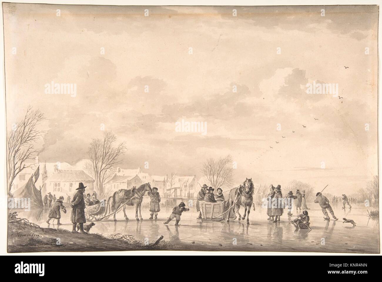Winterlandschaft mit Skater und Horse-Drawn Schlitten auf dem Eis, ein Dorf weiter unten. Künstler: Andries Vermeulen (Niederländisch, Dordrecht 1793-1814 Amsterdam); Stockfoto