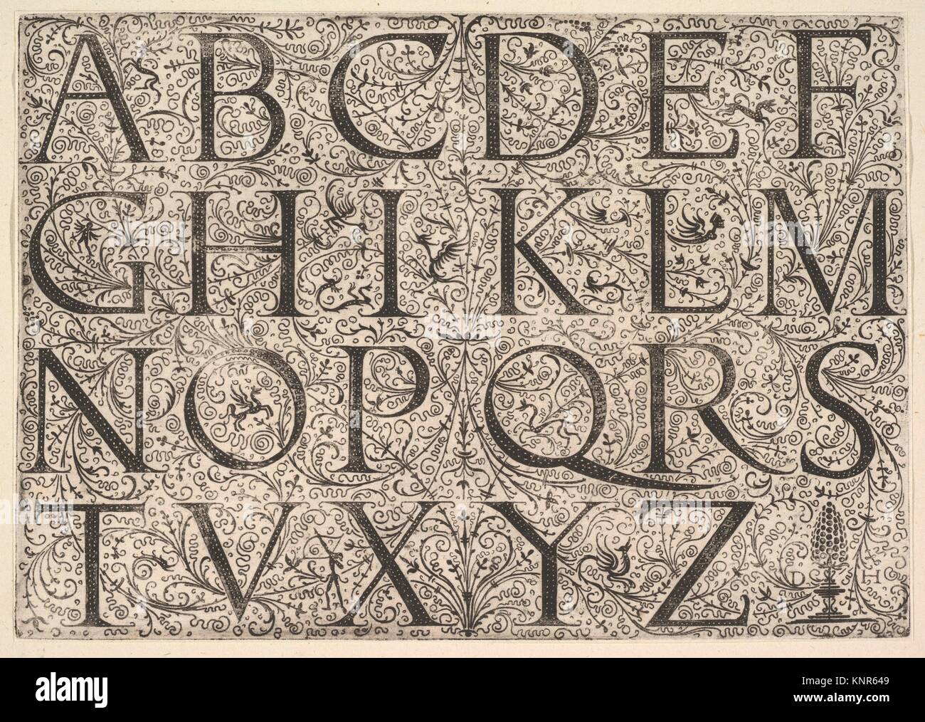 Römische Majuscule Alphabet. Artist: Daniel Hopfer (Deutsch, Kaufbeuren, Augsburg 1471-1536); Datum: Ca. 1520; Medium: Radierung; erste Zustand von zwei; Stockfoto