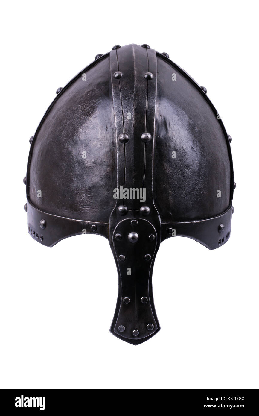 Stahl Ritter Helm auf weißem Hintergrund Stockfoto