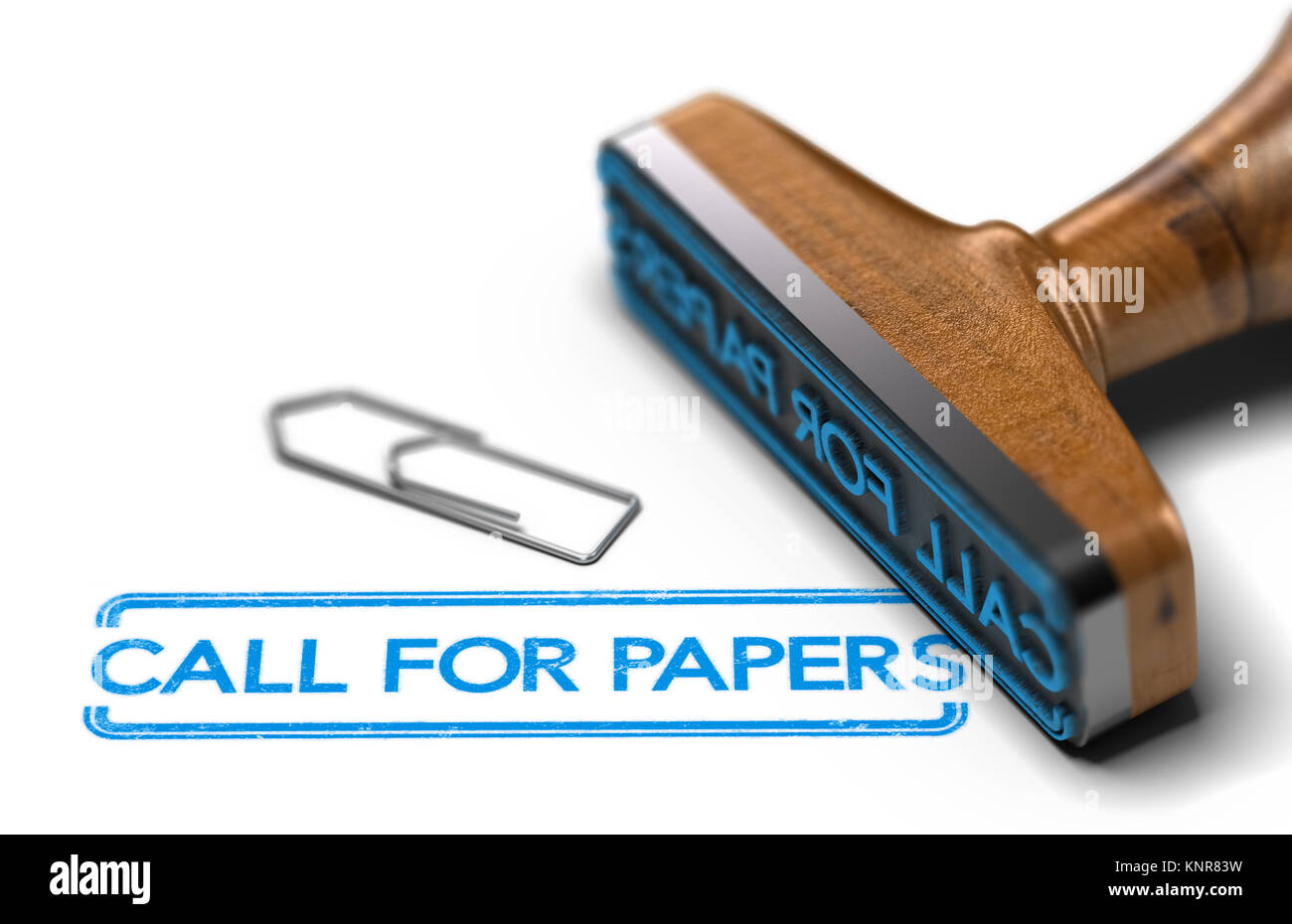 3D-Darstellung der Stempel auf weißem Hintergrund mit dem Text Call for Papers. Konferenz oder Workshop: Ankündigung einer Veranstaltung und Organisation Stockfoto