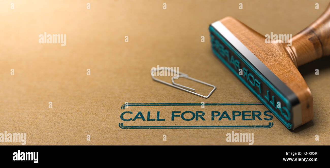 3D-Darstellung der Stempel über Papier Hintergrund mit dem Text Call for Papers. Konferenz oder Tagung Organisation und Kommunikation Stockfoto