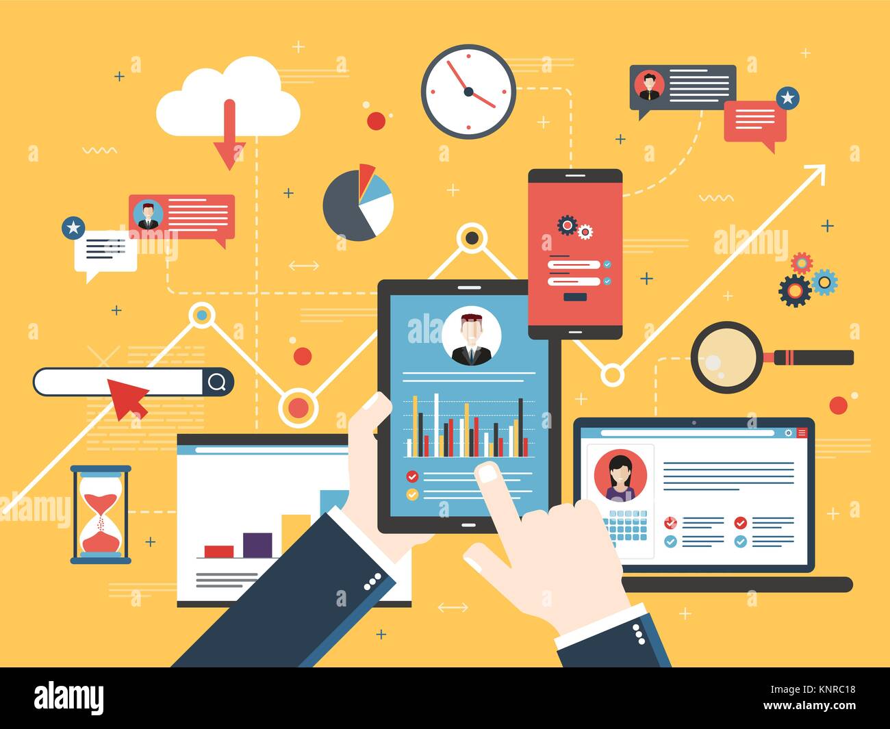 Hand mit Tablette mit der Leistungsanalyse, Laptop und Internet Bildschirm mit Daten, Symbole für die Suche und Projekt Management, Application Entwicklungen. Conce Stock Vektor
