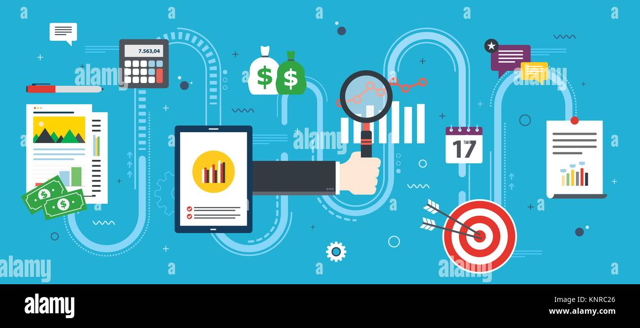 Hand mit Lupe und finanziellen Plan für Wachstum und Gewinn. Zielsymbol, Rechner, Datenanalyse, Chat, Geld. Konzept der Investitionen Stock Vektor