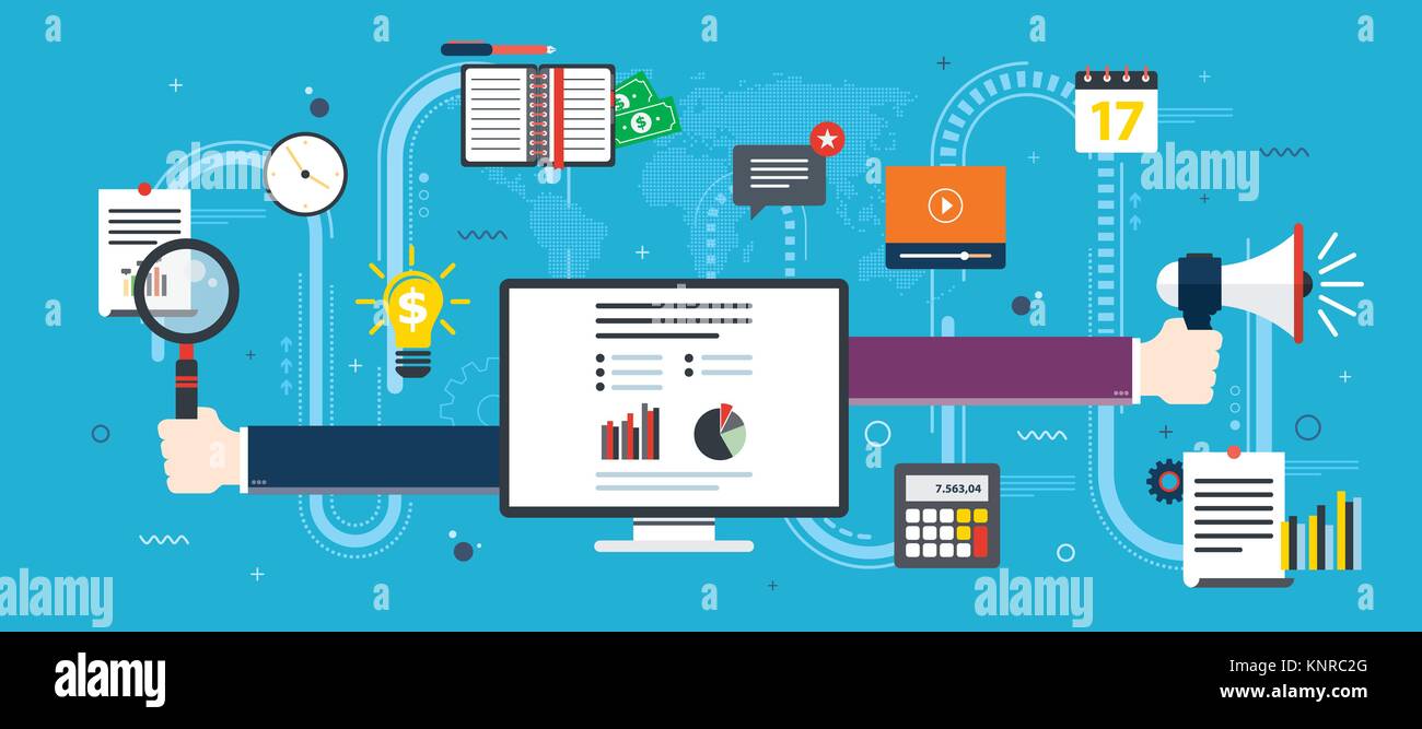 Hand mit Lupe und Megaphon, finanziellen Plan. . Business Icon und Bildschirm mit Daten Analyse. Konzept der Geschäfts-, Finanz- und Su Stock Vektor