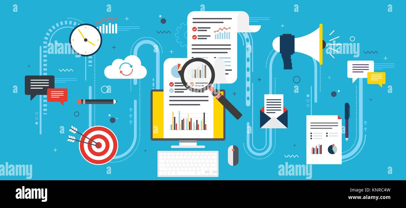 Flaches Design Konzepte für Business Marketing, Analyse und Strategie in Vektor Design. Analyse der Daten und Finanzen, digitales Marketing und Startup und neue Stock Vektor