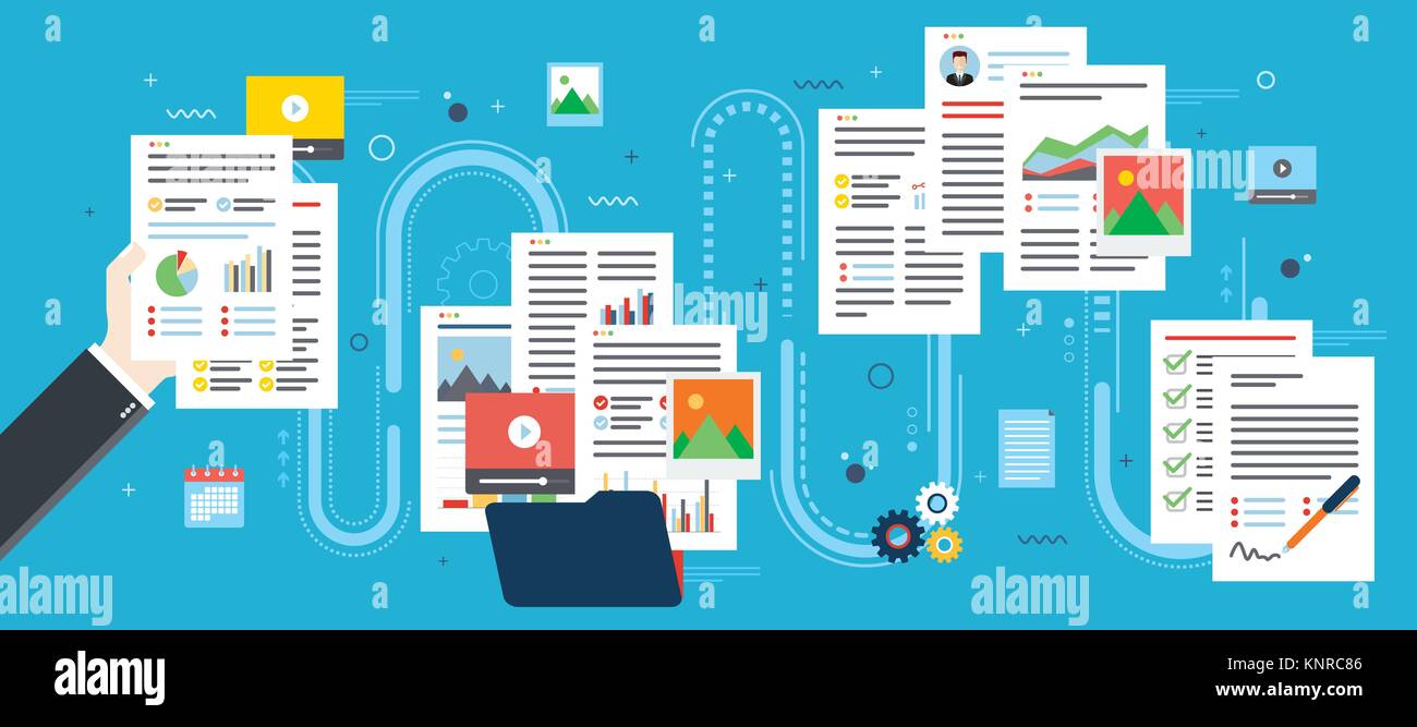 Ordner mit Finanzen Dokumente, Daten, Video und Foto. Hände mit Datenblätter in der Analyse. Vertrag Signatur. Business Schreibarbeit organi Stock Vektor