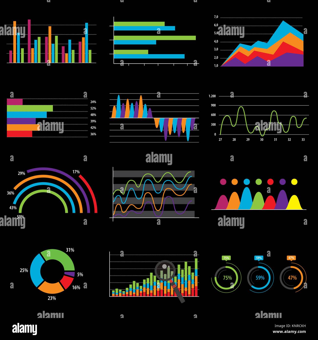 Business Plan und Darstellung der Daten. Die Elements Bar Kreisdiagramme Grafiken und Diagrammen flachbild Symbole in Vector Illustration. Schwarzen Hintergrund. Stock Vektor