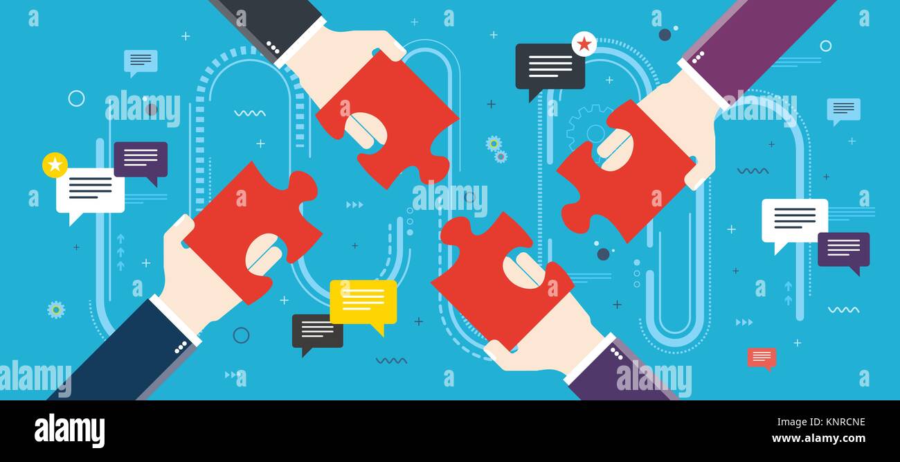 Hände halten Puzzleteile und und Symbole mit Feedback-Texten. Konzept der Teamarbeit, Zusammenarbeit, Partnerschaft, Erfolg, Team, Geschäft, strateg Stock Vektor