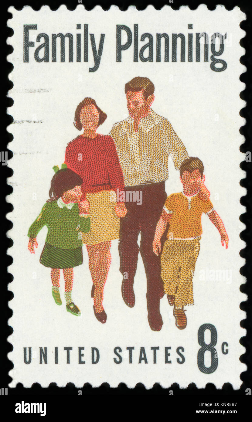Vereinigte Staaten von Amerika - CIRCA 1967: Eine gebrauchte Briefmarke aus den USA Darstellung eine Botschaft der Familienplanung, circa 1967. Stockfoto