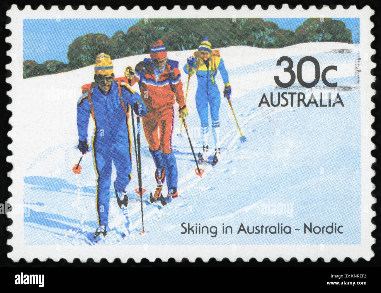 Australien - ca. 1984: eine stornierte Briefmarke aus Australien, Skifahren in Australien, im Jahr 1984 herausgegeben. Stockfoto