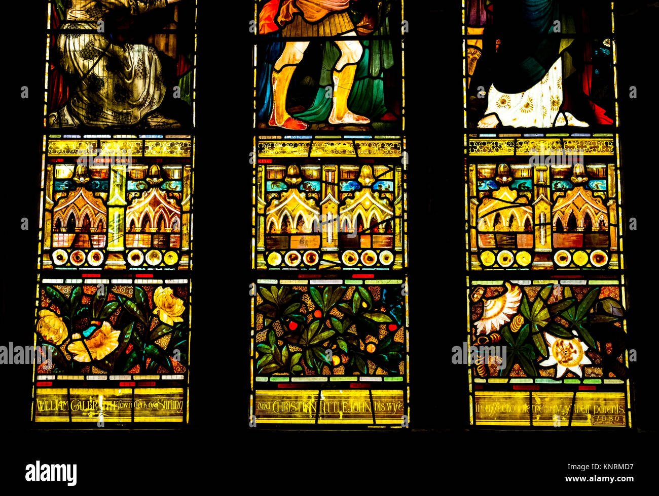 ThreesStained Fenster aus Glas, Panels, Innenansicht, Kirche des Heiligen unhöflich, Stirling Pfarrkirche, Schottland, UK, South East Gang Stockfoto