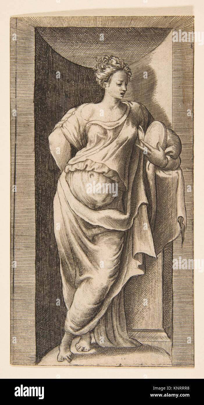 Eine Muse in einer Nische, der linke Arm ruht in einer Leiste. Artist: Giulio Bonasone (Italienisch, Aktiv, Rom und Bologna, 1531 - nach 1576); Datum: Ca. Stockfoto